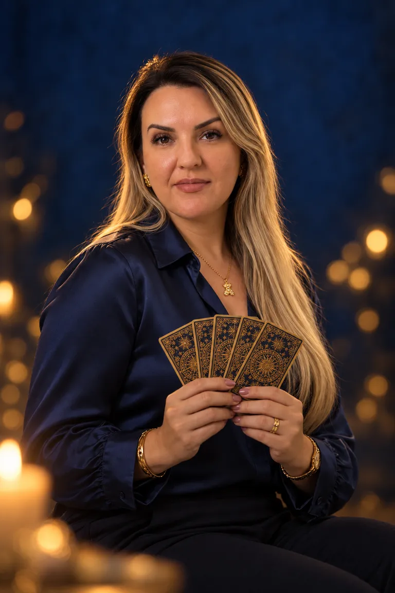 Retrato de Milena Valverde segurando um leque de cartas de tarô, à luz de velas